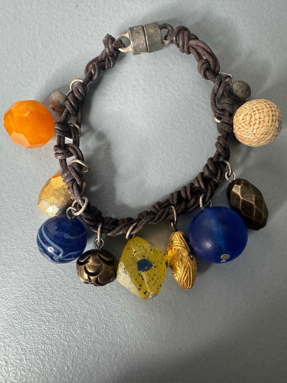 Boho Multi-Bead Charm Bracelet - Blue, Yellow, Orange magnetic closure earthy